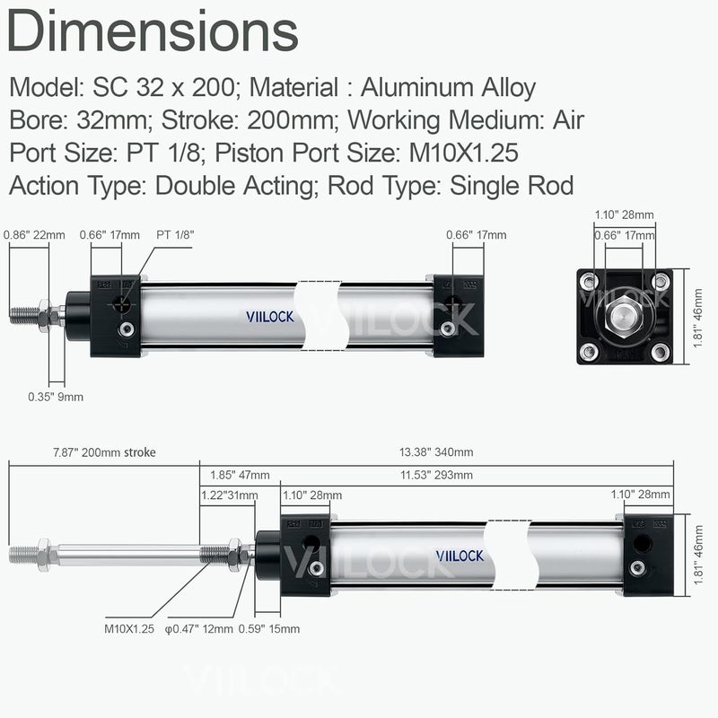 VIILOCK Pneumatic Air Cylinder 32mm Bore 200mm Stroke, Aluminium Standard Cylinder Single Piston Rod Double Action SC 32 X 200 - Image 4